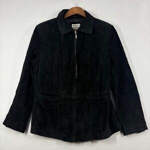 Suede Jacket Black Full Zip Washable Y2K 90s Women's Large‎ Grunge Retro Classic